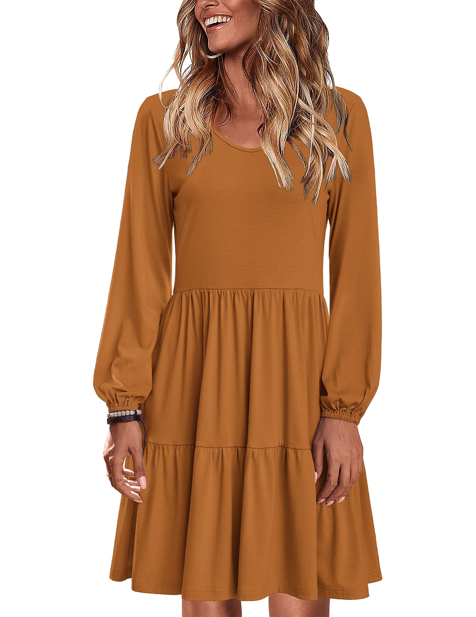 Zeagoo Damen Kleid V-Ausschnitt Basic Langarm Winterkleider Bequem Leichte Herbst Kleider Elegant Swing Kleid Shirtkleid L