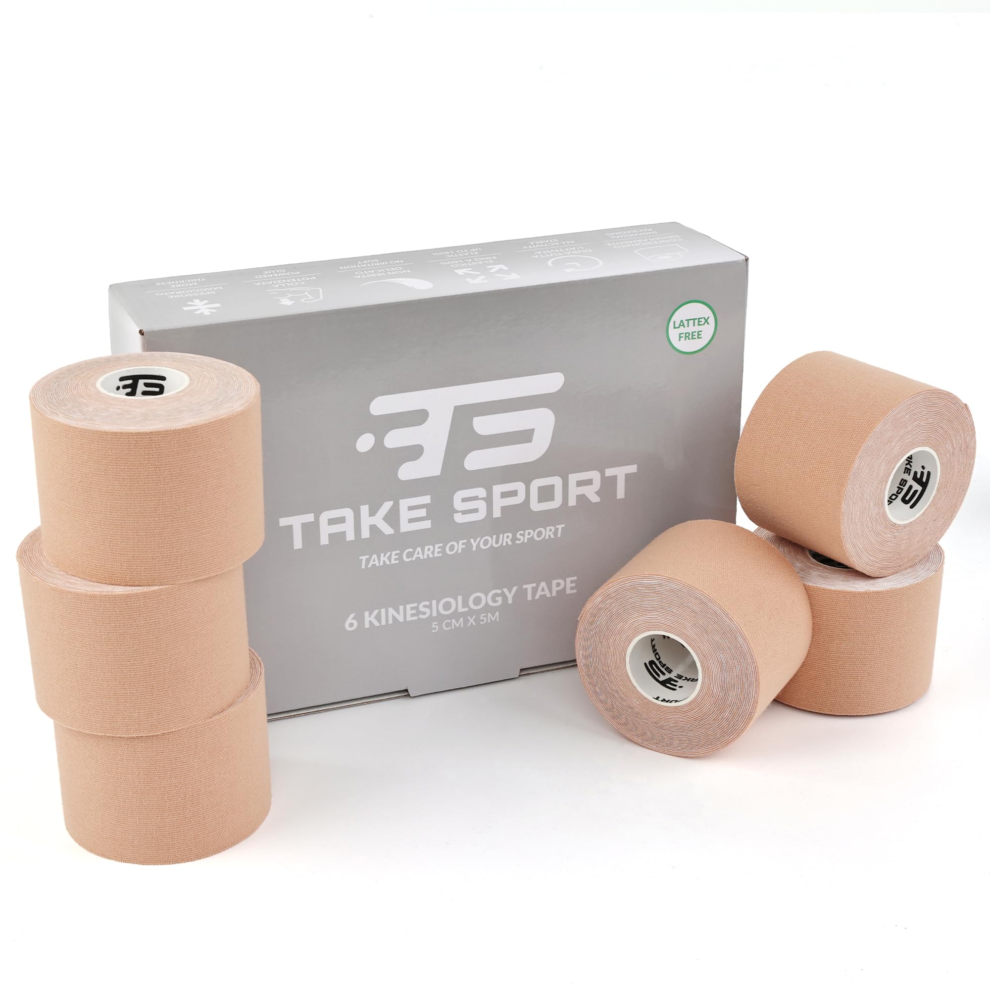 TAKE SPORT, Kinesio, Kinesio tape, Nastro kinesiologico, Tape kinesiologico, Kinesio taping. 6-12 rotoli, 5 x 5m, 95% Cotone 5% Spandex, elastico. (6 Skin)