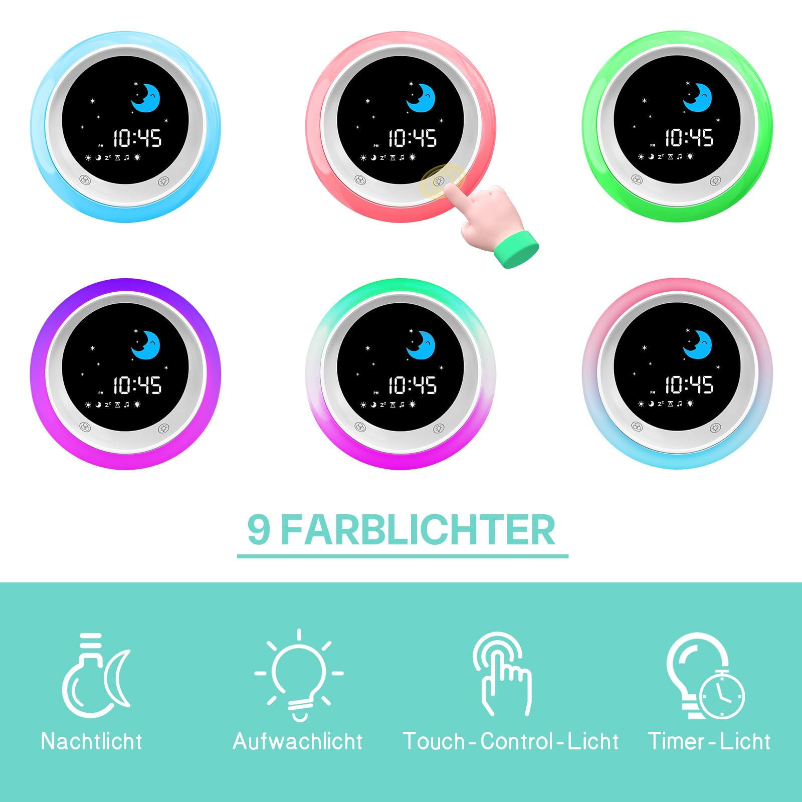 Kinderwecker, Schlaftrainer Kinder mit 9 Nachtlichtern, Soundmaschine, Snooze und Timer, Digitaler Wecker Kinder für Jungen und Mädchen