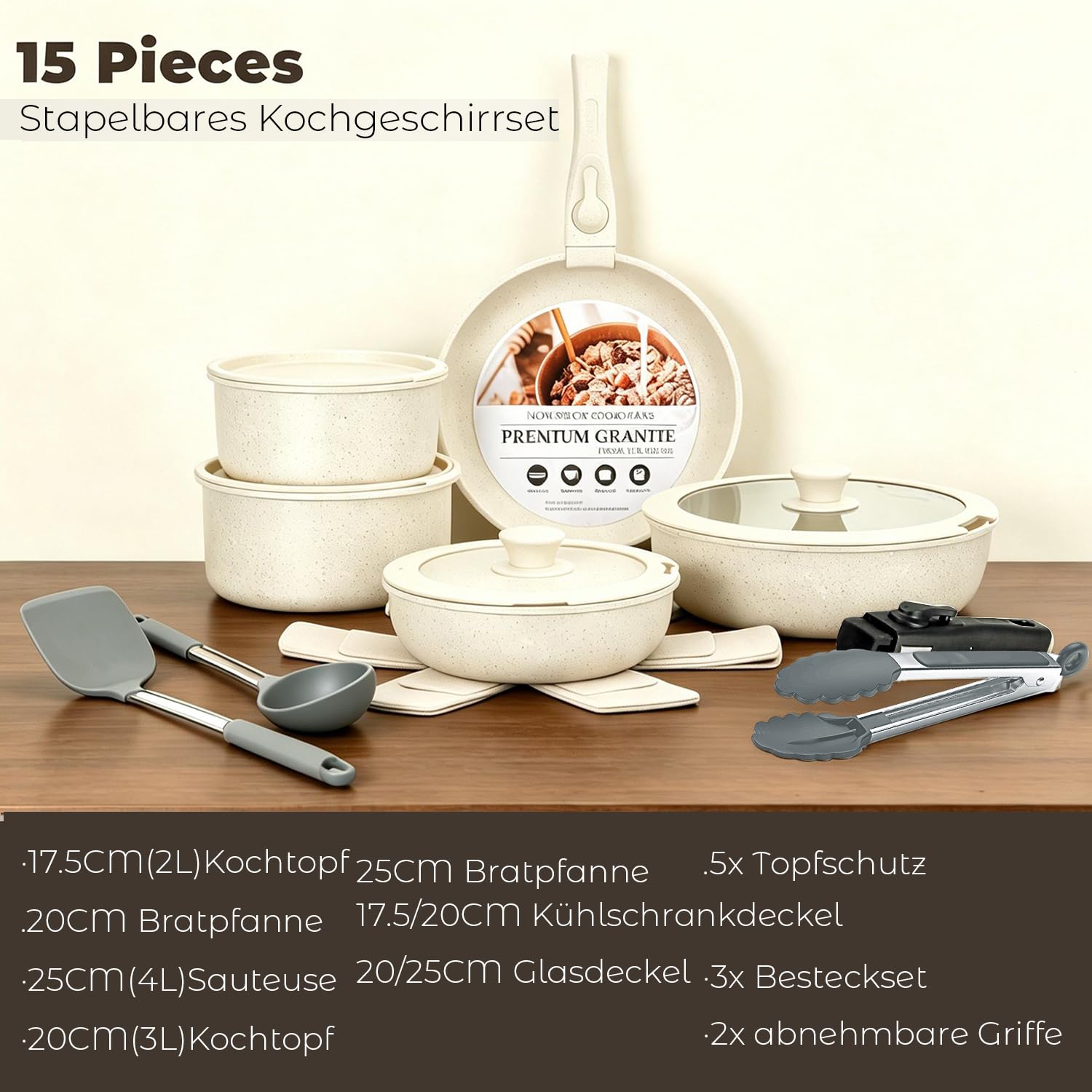 18-Teiliges Kochgeschirr Set mit Abnehmbaren Griffen, Granit Antihaft Topfsets Pfannenset, induktionsgeeignet & ofenfest, stapelbar Topfset für alle Herdarten, Ideal für Zuhause, Camping Sahne