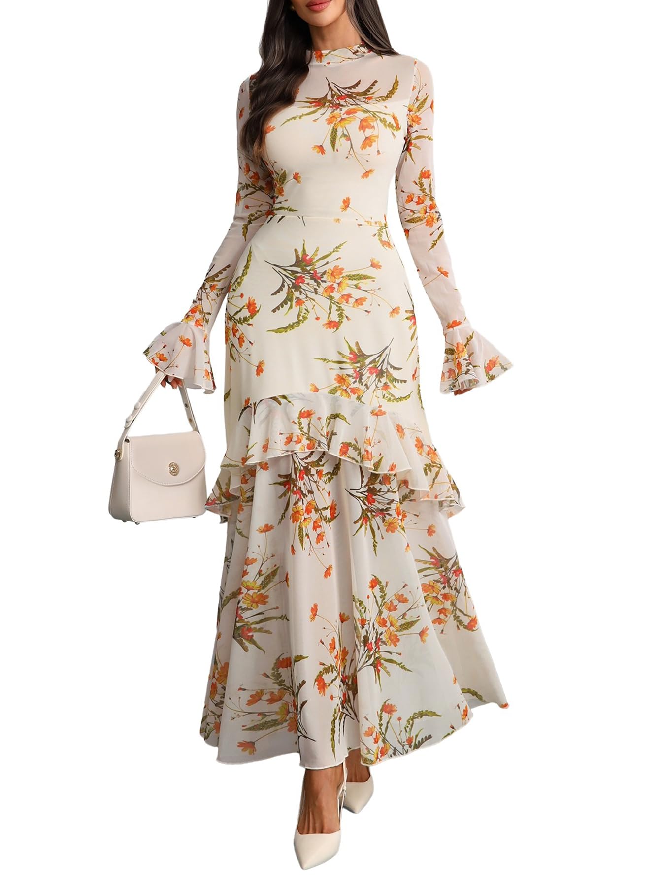 GothDark Women Floral Maxi Dress Bell Sleeve Party Wedding Guest Dresses