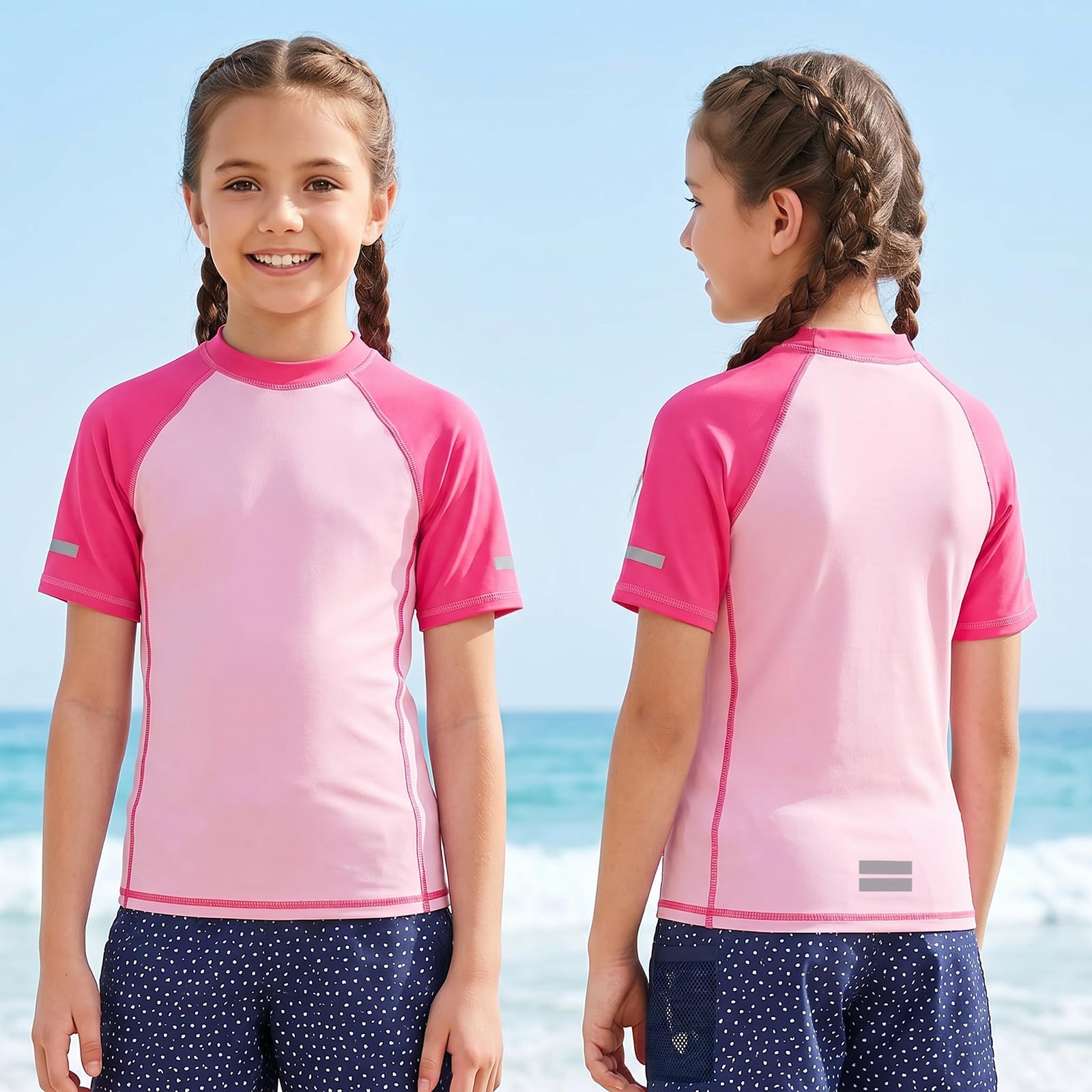 Camiseta de Baño Niños Niñas Protección Solar Manga Corta Camiseta de Natación Rash Guard con Rayas Reflectantes Secado Rápido Rashguard Tops para Natacion Piscina Surf Playa 7-15 Años
