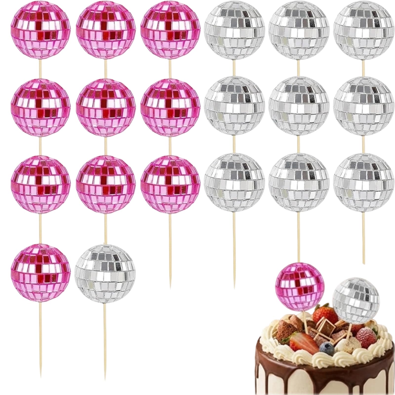 20Pcs Disco Ball Cake Decorations, Mini Shiny Disco Ball Picks with Sticks, Retro Disco Theme Cake Toppers for Party Dessert & Birthday Decor Ornament (Pink & Silver, 2cm Diameter)