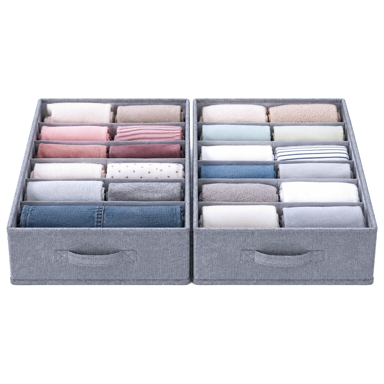 ZENO Large Drawer Organizer 16.5" L x 11.8" W x 6.7" H - 2 Pack Fabric Closet Bins with 5 Separators - Foldable Wardrobe Dividers for Sweaters, Jeans, T-Shirts & Clothes Organization