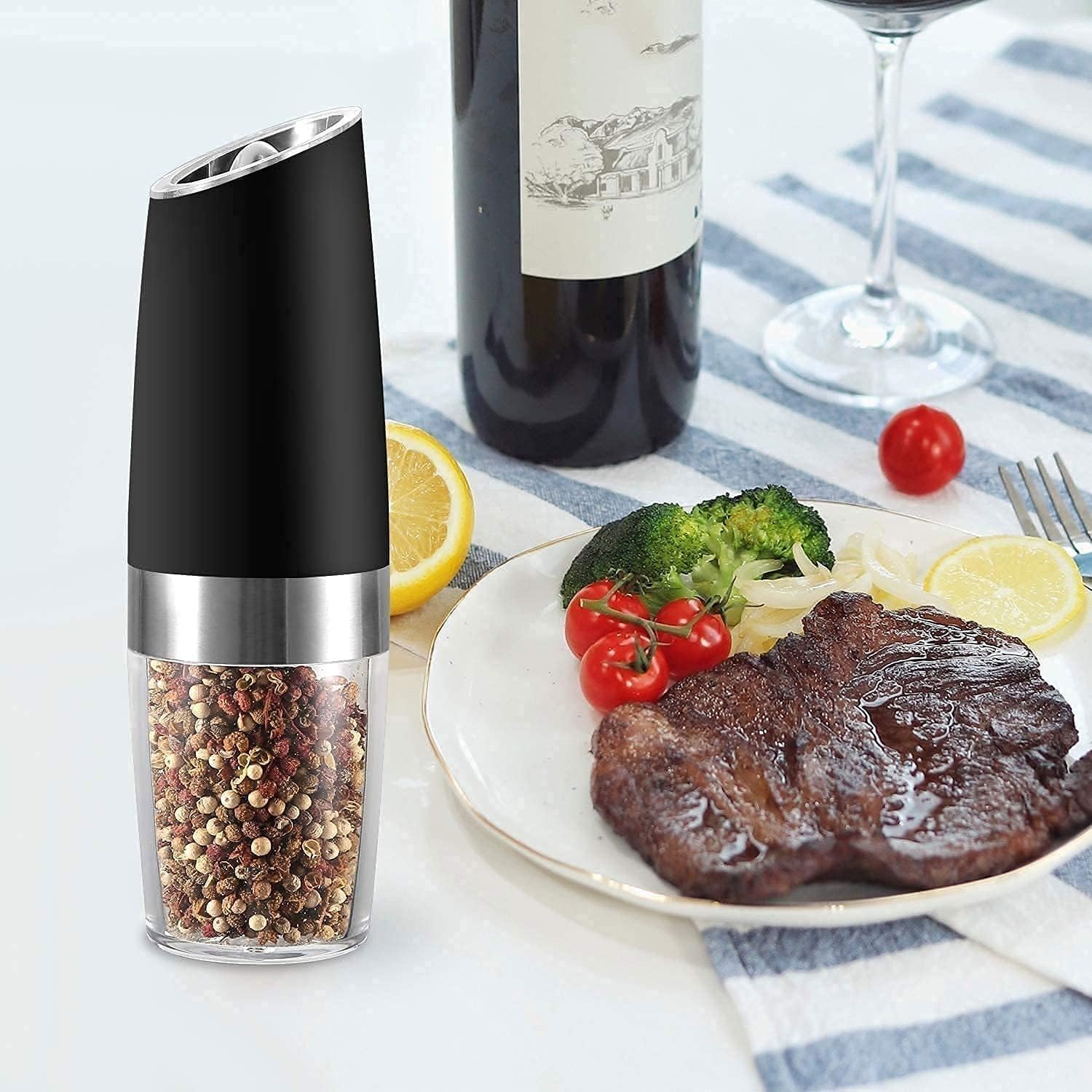 Automatic Induction Salt and Pepper Grinder Refillable Set - Short Glass Shakers with Adjustable Coarseness for Black Peppercorn Sea Salt or Spice Mill Black