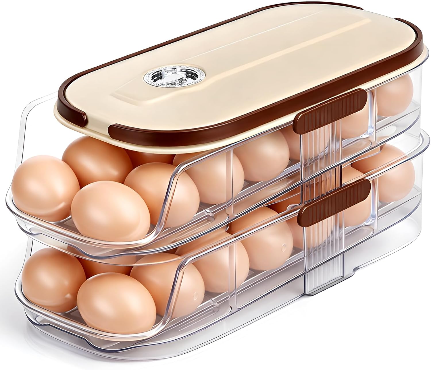 Hushee Egg Dispenser for Refrigerator Stackable Rolling Egg Dispenser with Lid and Handle Organizer Countertop Home Holder for Refrigerator, Stackable Timer and Automatic