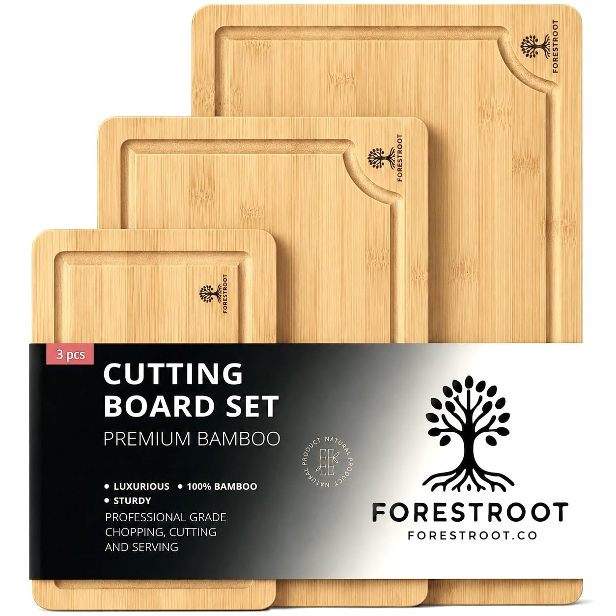 Juego de tablas de cortar de bambú, tablas de cocina de madera de 3 piezas para preparar y servir comidas, bambú duradero con ranura profunda para jugo y asas laterales, ideal para carne