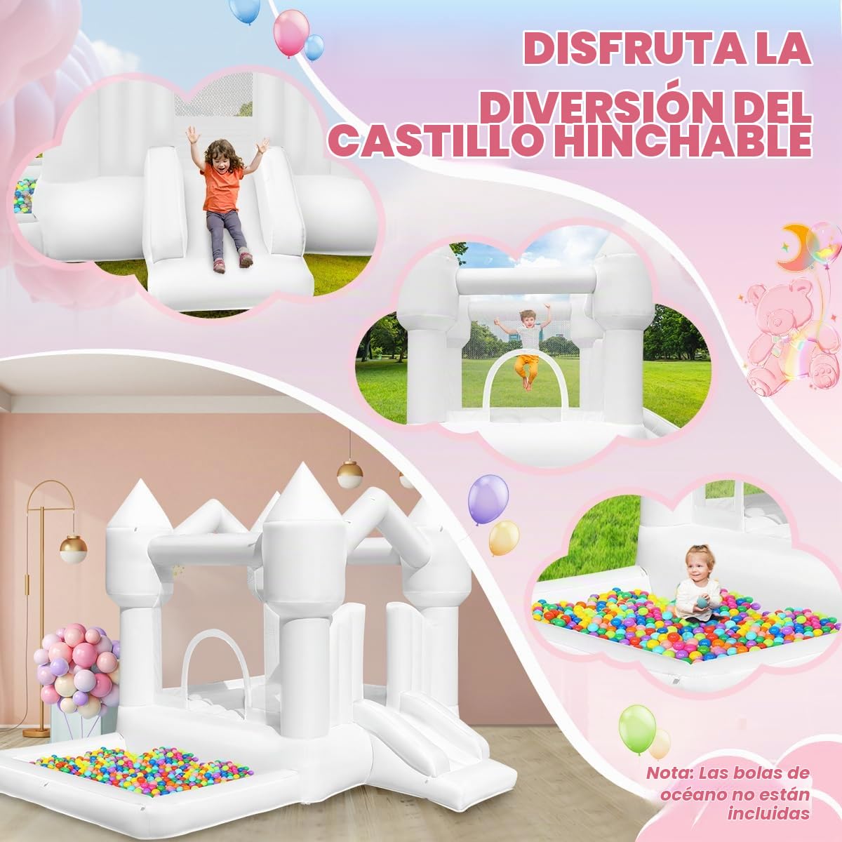 Castillo Hinchable Blanco con Soplador para Niños con Tobogán, Trampolín y Piscina de Bolas, Castillos Hinchables Interior Exterior Jardín Parque Fiesta Boda Cumpleaños Regalos, 320×280×210cm