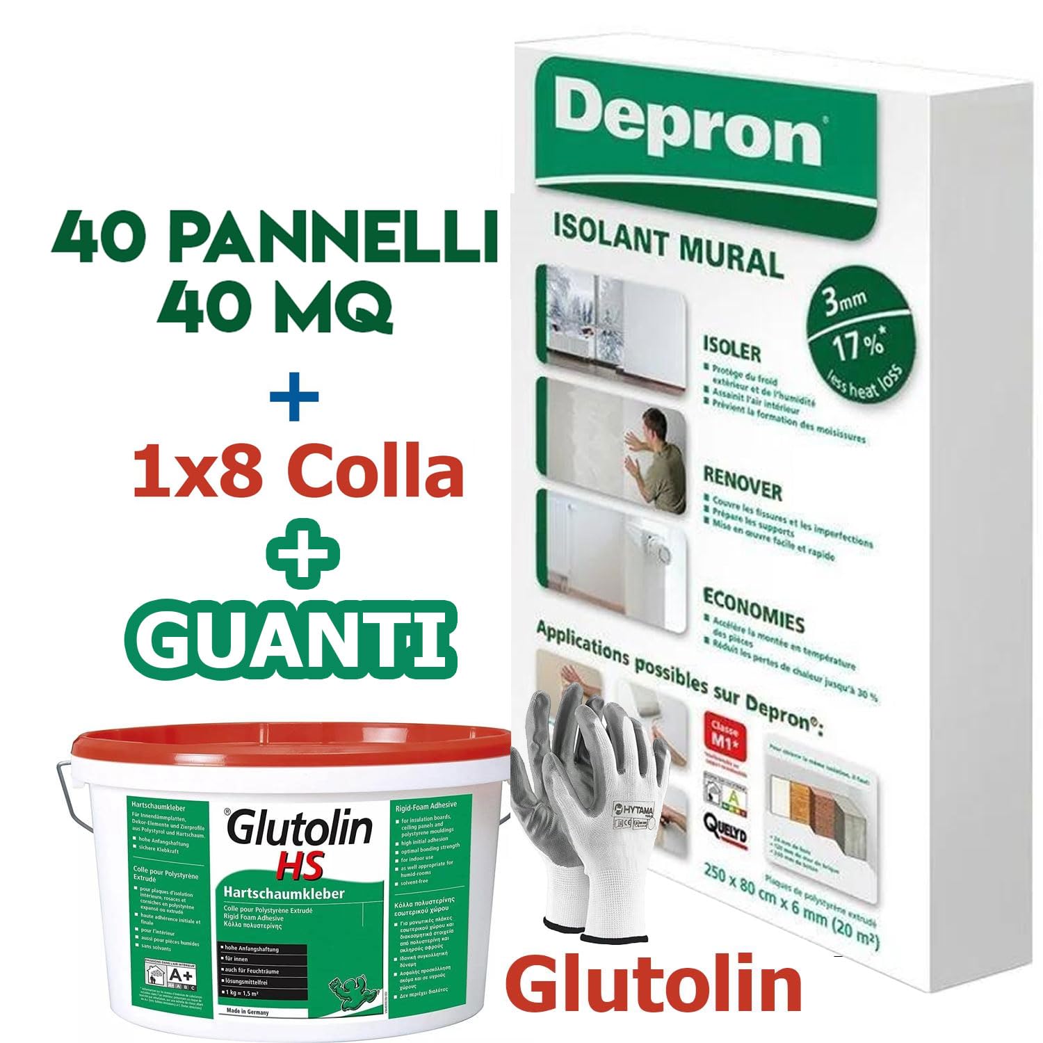 DEPRON Pannelli Isolanti 3 mm (125×80 cm) – Confezione 40 m² + Colla Glutolin 8 kg | Isolamento Termico e Acustico per Pareti e Soffitti | 1 paio di guanti in nitrile HYTAMA TOOLS