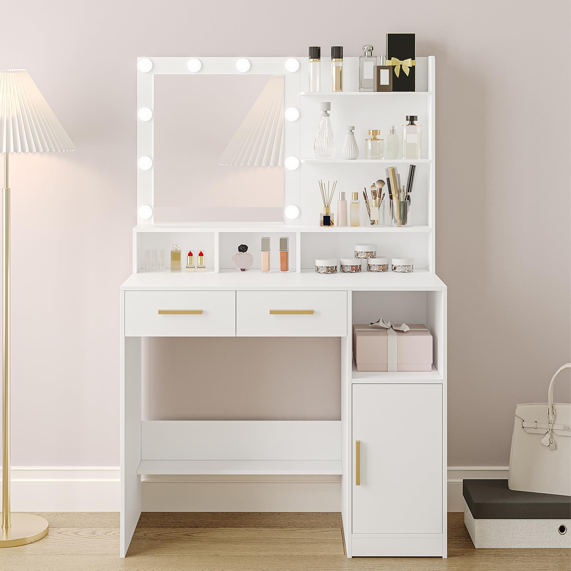 Hzuaneri Tocador, con Espejo y 10 LED Luz Regulable, Mesa de Maquillaje con 2 Cajón y 1 Armario, 3 Estantes y 4 Compartimentos Abiertos, Blanco DT32503X