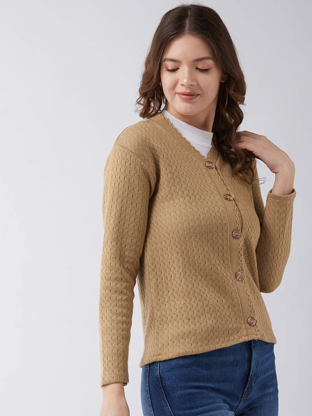 Pivl Self Design V Neck Casual Women Sweater (Large, Camel) - Image 4 thumbnail