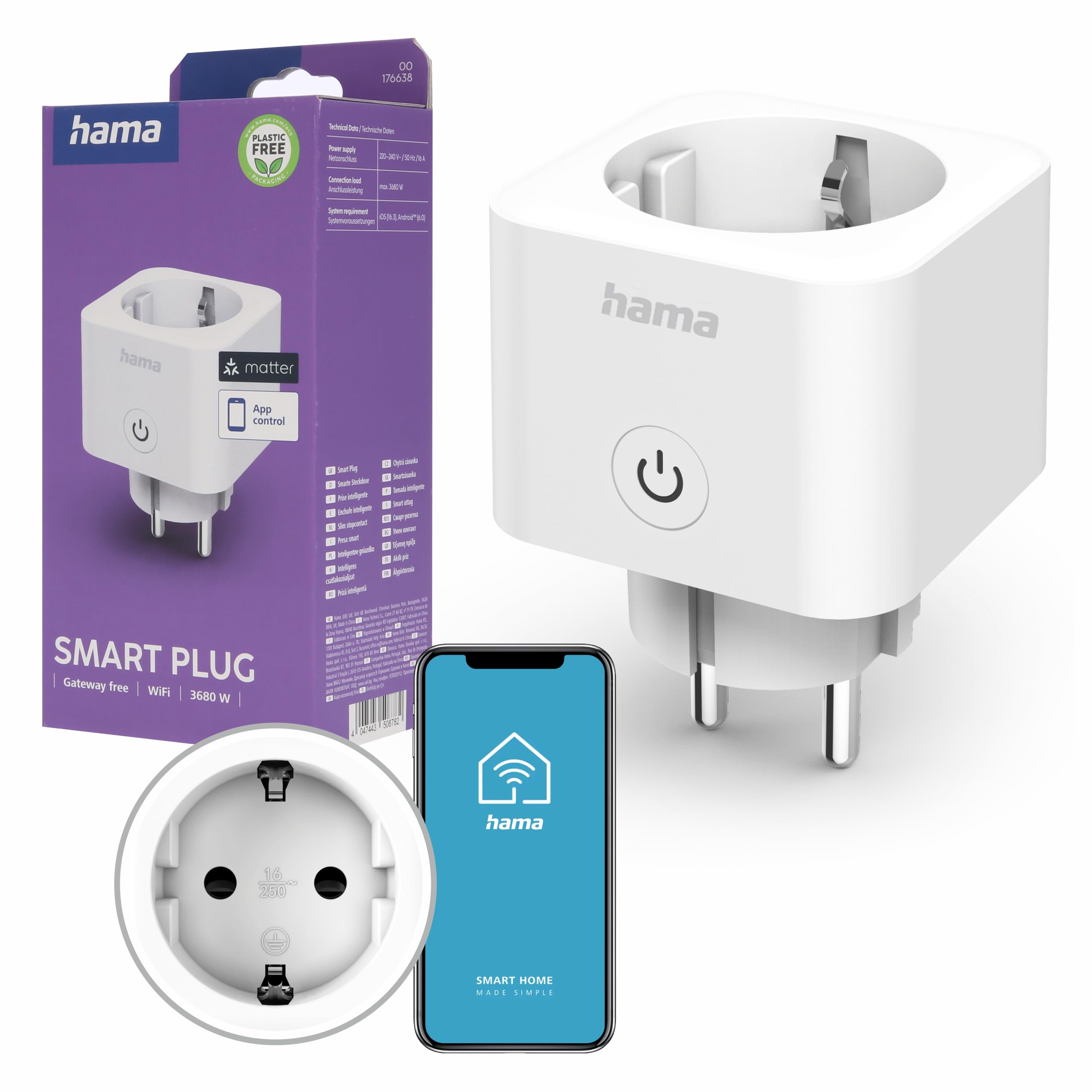 Hama WLAN Steckdose (WLAN gesteuert mit Matter Smart Home, universal, smarte App und Sprachsteuerung, Smart Home Steckdose als Zeitschaltuhr, Funksteckdose, 3680 W)