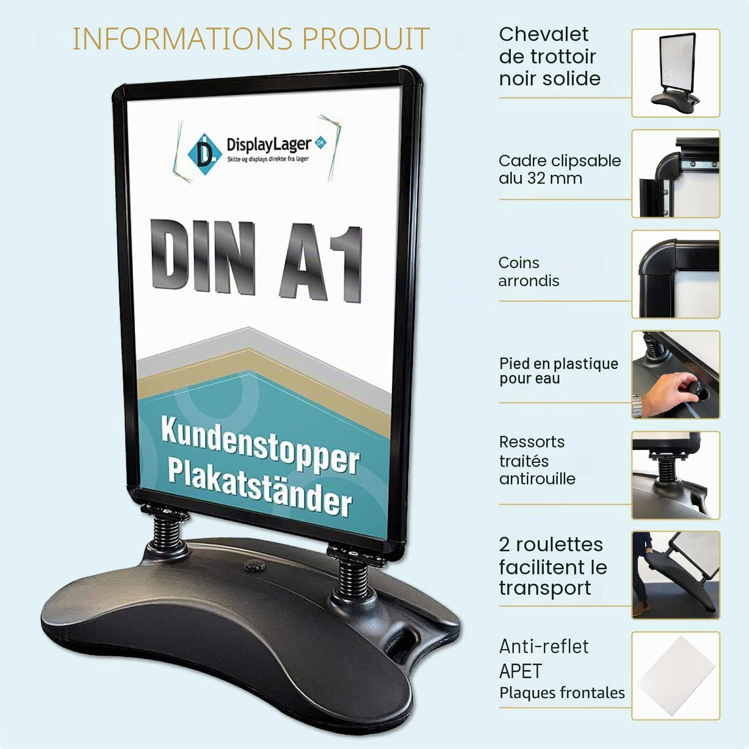 DisplayLager - A1 Porte-Affiche Noir, 2x panneaux avant avec antireflet (APET), bilatéral, résistant aux intempéries, pied en robuste/chevalet trottoir aluminium panneau d’affichage