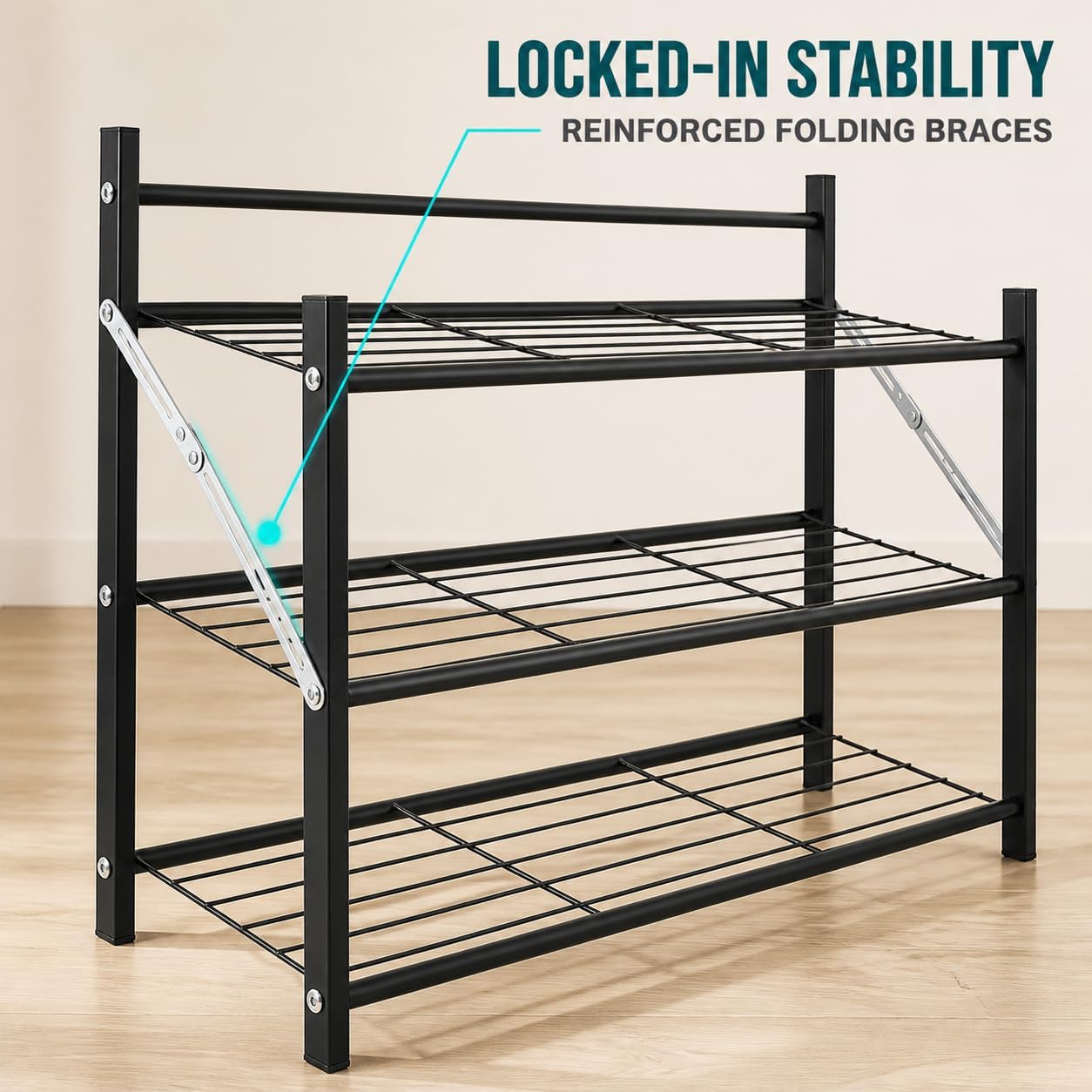 3-Tier Folding Metal Shoe Rack, Heavy Duty Free-Standing Storage Shelf for Entryway, Bedroom, Gym, Holds Shoes, Dumbbells, Multi-Purpose Organizer with Reinforced Stability image 5
