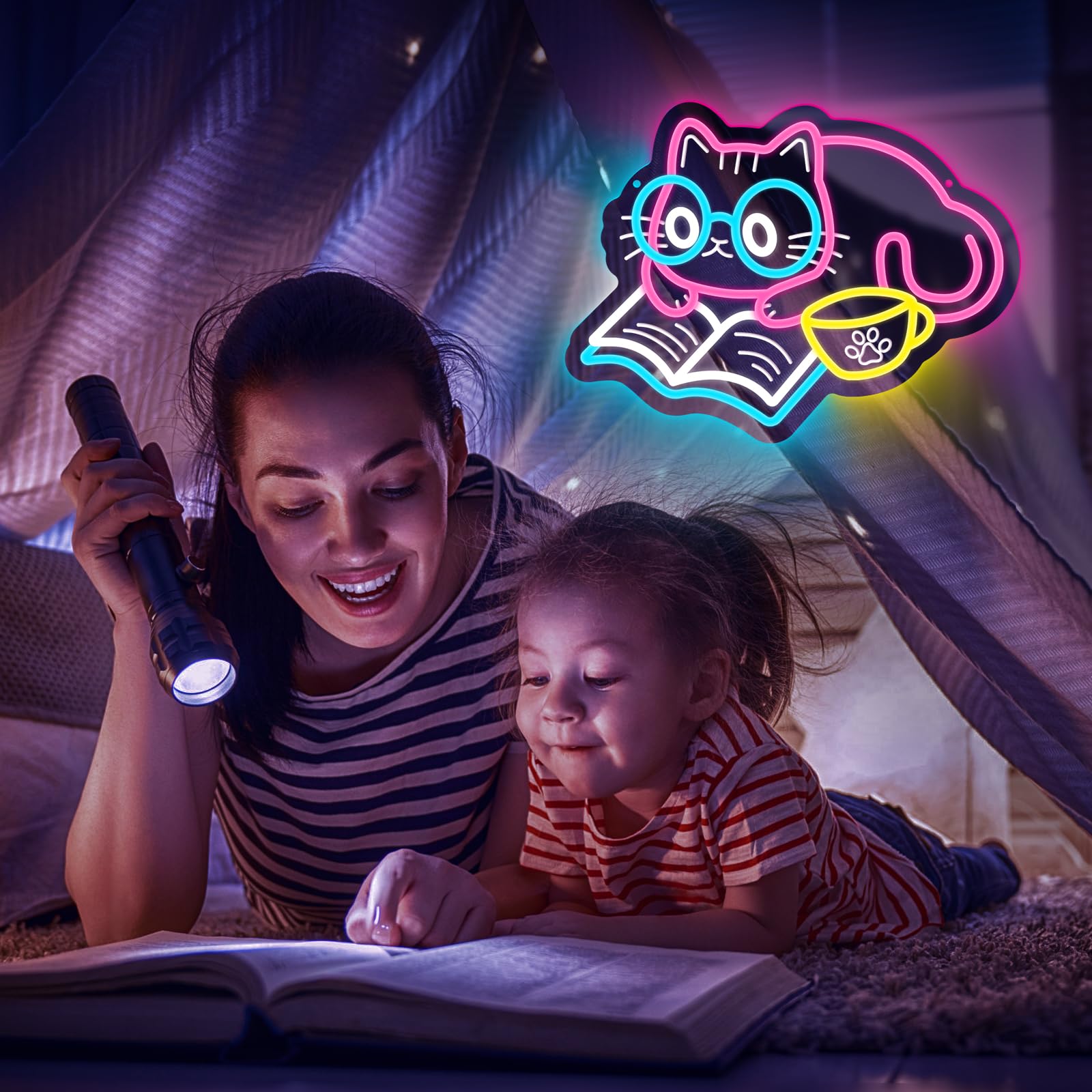 Neonowy znak do czytania książki z kotem, uroczy kot, neonowe światło do księgarni, biblioteki, klasy, sypialni, dekoracja ścienna, ściemniany przez USB, znak LED, prezent urodzinowy, dla