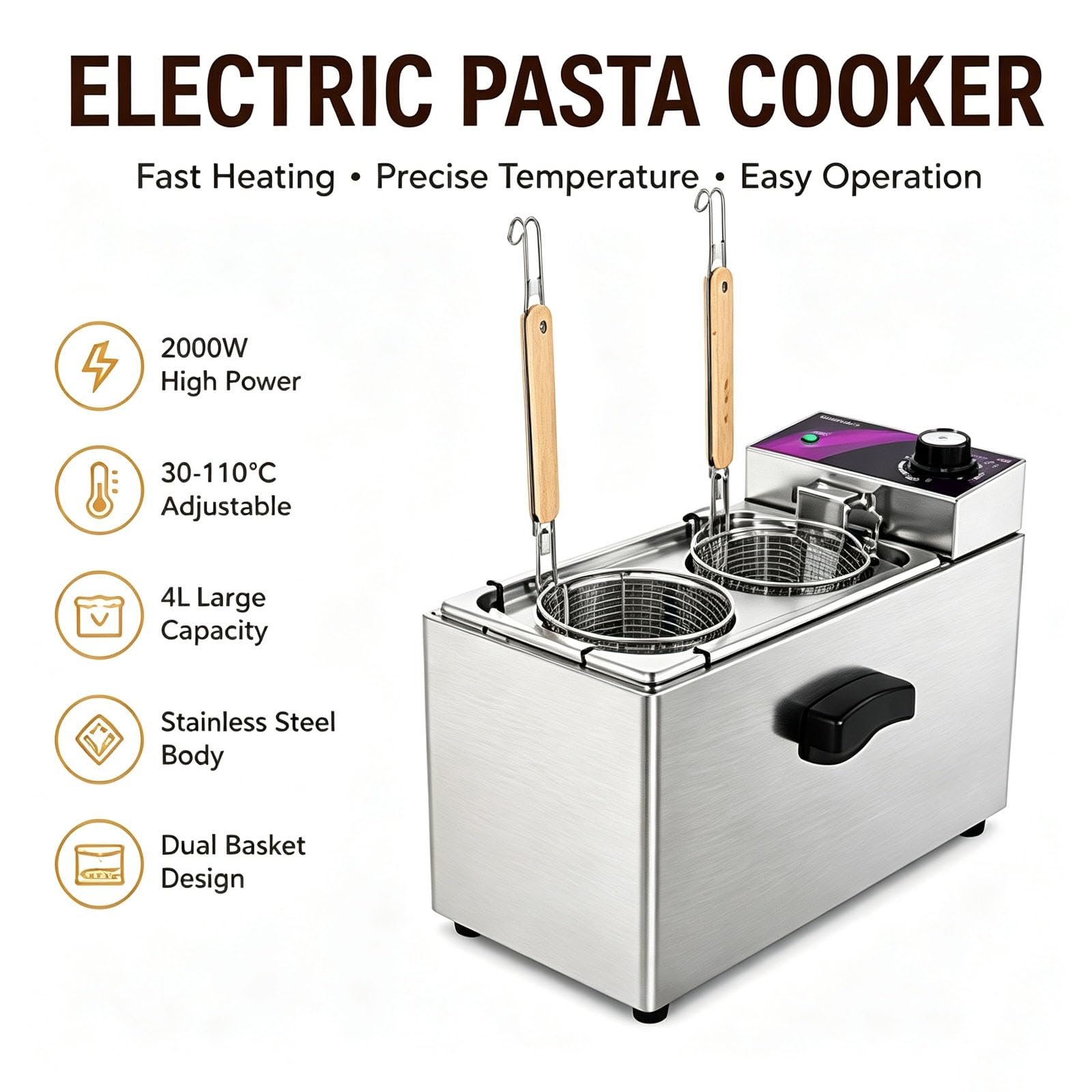 Macchina Elettrica Per La Cottura Di Pasta Da 2000 W, Con 2 Cestelli Per La Pasta, Tubo Di Circolazione A Riscaldamento Rapido, Temperatura Regolabile Da 30℃ A 110℃, Ideale Per Ristoranti E