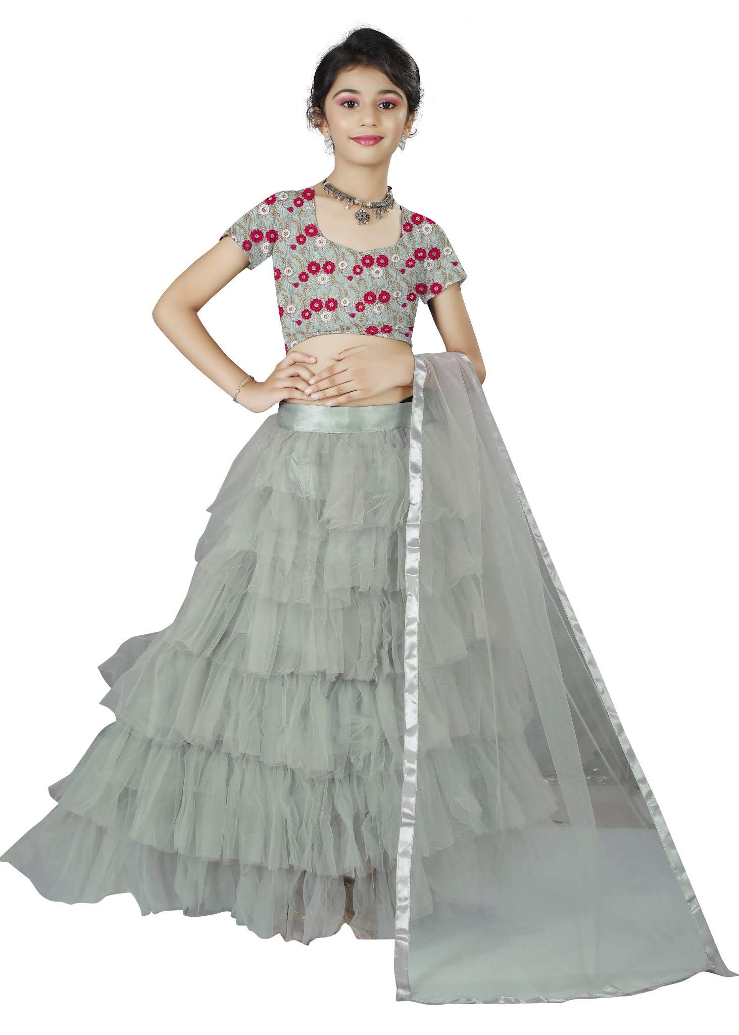 FEXEL Girls Net Plain Ruffle Lehenga Choli