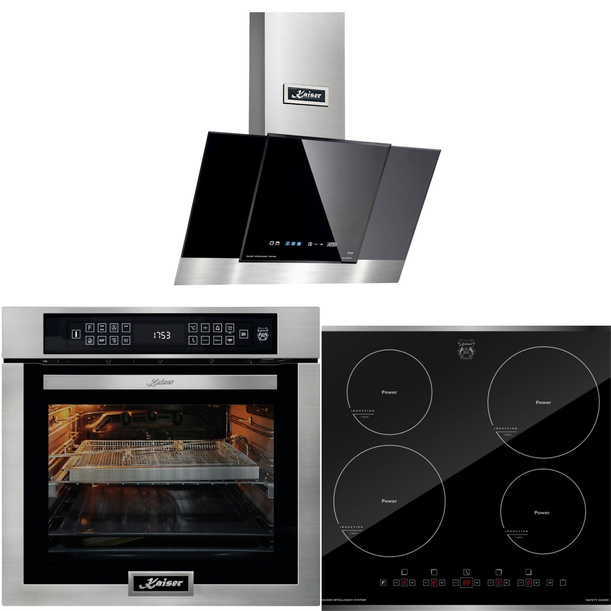 Kaiser Zestaw piekarnika 60 cm autark EH 6306 N R+ KCT 6105 FI+AT 6438 F piekarnik do zabudowy 86 l z AirFryer, 15 funkcji, wyświetlacz LED, płyta indukcyjna 60 cm z boosterem, okap kuchenny 60 cm