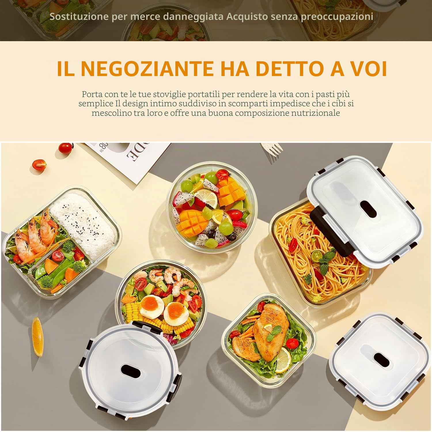 LNWSN Set contenitori per alimenti, 8 contenitori per alimenti in vetro da 640 ml con bottoni a pressione su tutti e quattro i lati, contenitori riutilizzabili ideali per picnic all'aperto