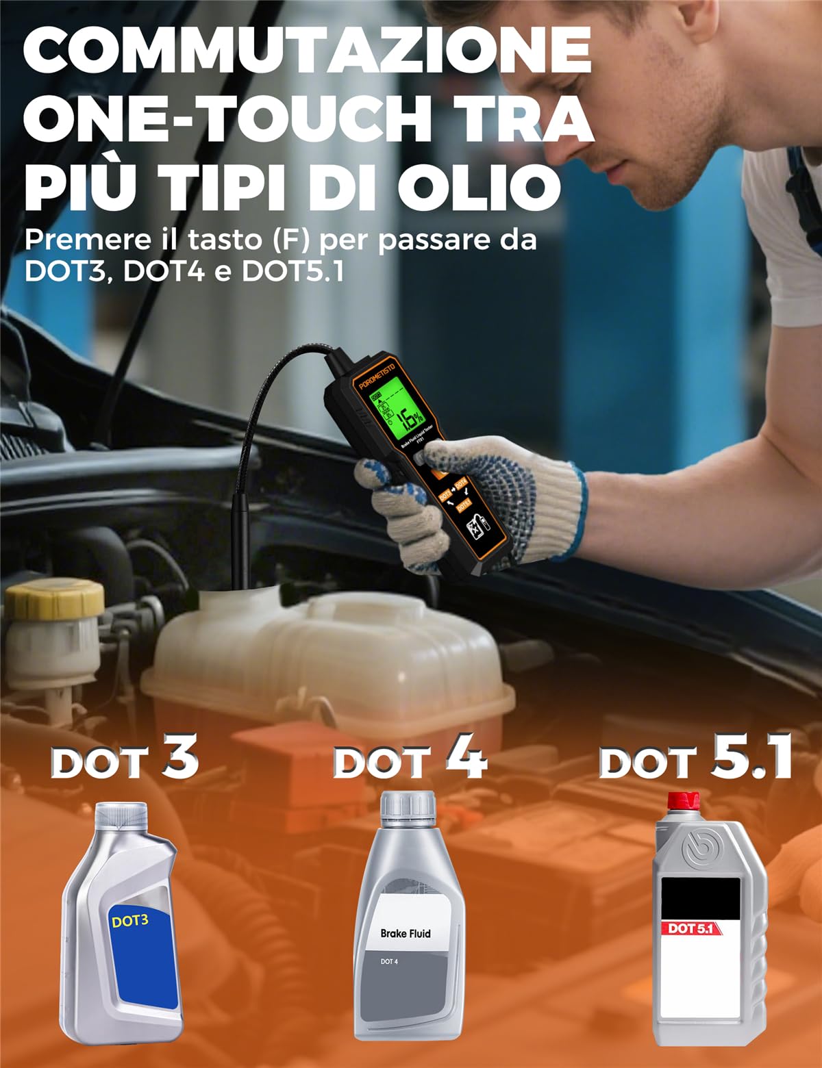 FT01 Tester per Liquido Freni Professionale con Sonda Anticorrosione e Sensibile per DOT3 DOT4 DOT5.1, Display LCD con Retroilluminazione, Tester Liquido Freni Professionale