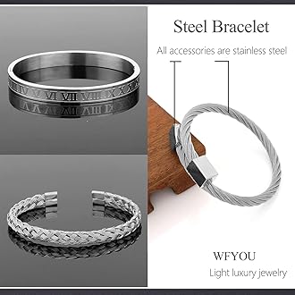 WFYOU 3PCS Stainless Steel Bracelets for Men Gold Roman Numeral Bangle Bracelet Twisted Cable Bracelet Adjustable Cuff Bracelet Mens Luxury Jewelry Bracelets Gifts