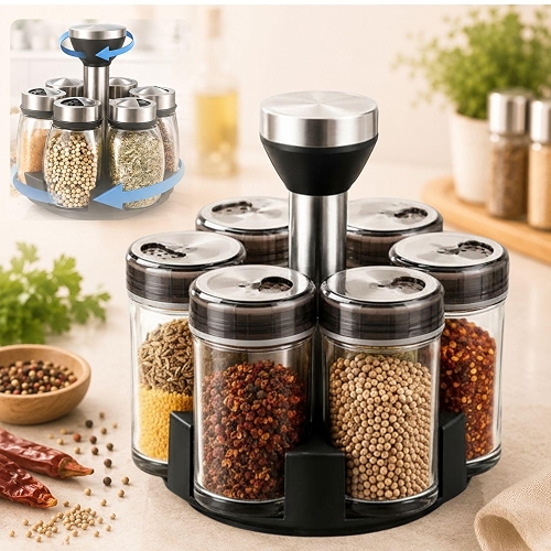 Porta Tempero Giratório Inox com 6 Peças – Suporte Rotativo 360° com Potes de Vidro para Condimentos– Organizador de Cozinha Moderno, Compacto e Funcional (Quadrado)