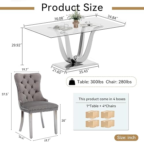 Miniatura 4 de Juego de 5 mesas de comedor de cristal plateado, mesa rectangular moderna de cocina y comedor de 70 pulgadas para 4, mesa de comedor de vidrio Mesa