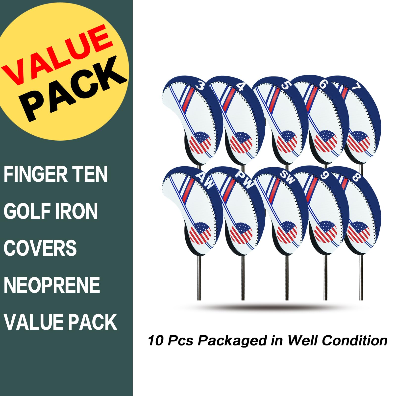 Golf Club Covers Set for Irons Neoprene Iron Head Cover Club Protector 10Pcs with/Without Top Window Accessories for Men Women (USA Flag(Without Top Window))