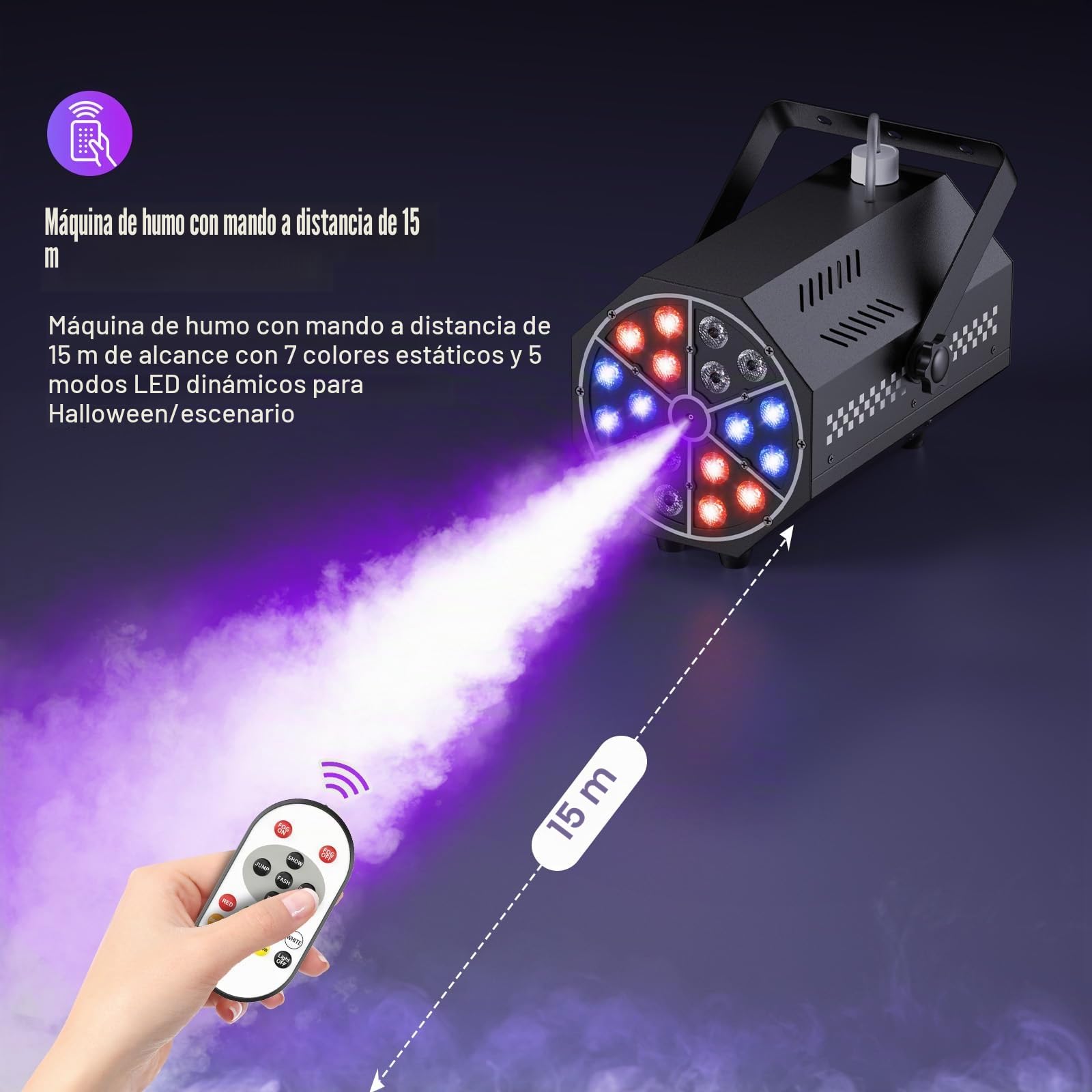 Máquina de Humo, 18 LED RGB con Control Remoto, LED Brillantes, Degradado de Color, Salto, Pulso, Estroboscópico, para Fiestas, Navidad, Halloween, DJs, Escenarios y Exteriores
