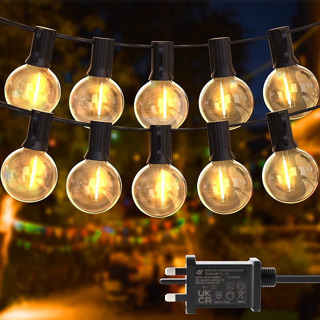 DSLebeen Festoon Lights Outdoor 50ft, Garden String Lights Mains Powered 25+2 Plastic G40 LED Globe Bulb Lights 2700K Connectable Decorative Lighting for Indoor Outdoor Garden, Gazebo, Pergola