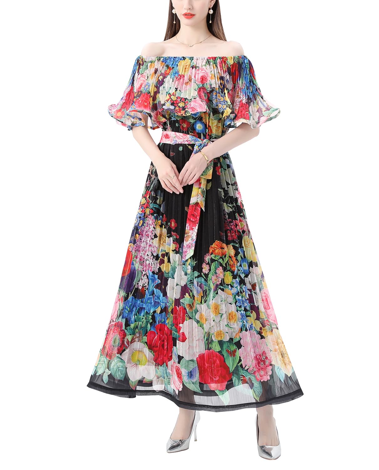 Elegante vestido largo con hombros descubiertos y estampado floral para mujer, para verano, casual, playa, vestido largo