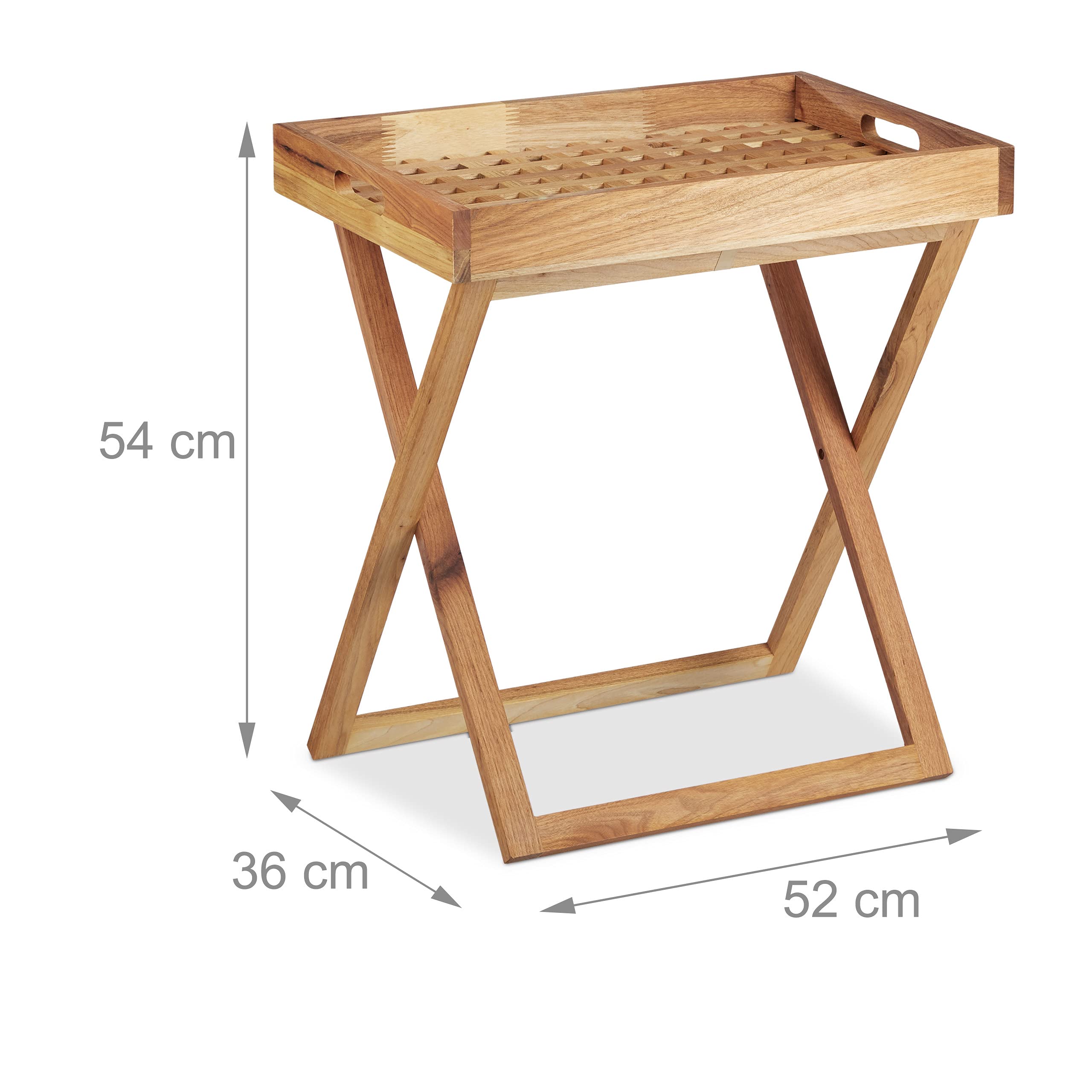 Relaxdays Tavolino con Vassoio, Pieghevole in Legno di Noce, Piccolo, Vassoio per Service, HLP: 54x52x36 cm, naturale