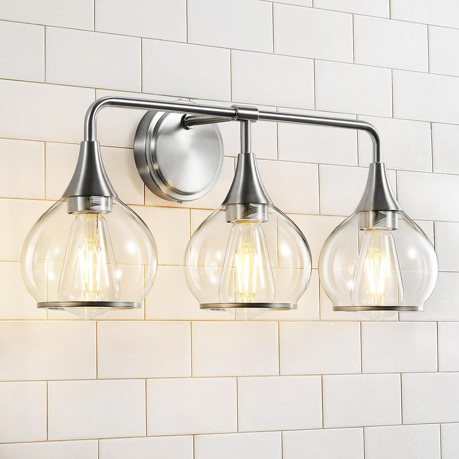 Brushed Nickel Bathroom Vanity Light 3 Lights Bathroom Light Fixtures Over Mirror with Clear Glass Shade 22.4 inch Wall Sconces Lighting Bath(Exclude E26 Bulb) Brushed Nickel 3 Light