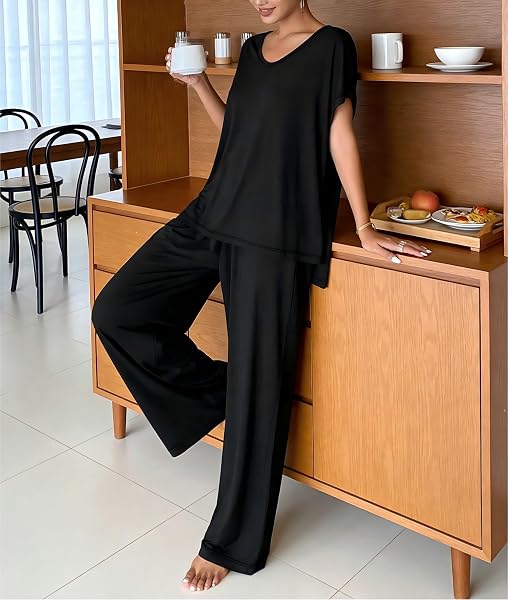 Set da salotto estivo da donna, 2 pezzi, top a maniche corte con scollo a V e pantaloni a gamba larga, abbigliamento casual elasticizzato comodo per la casa - 3