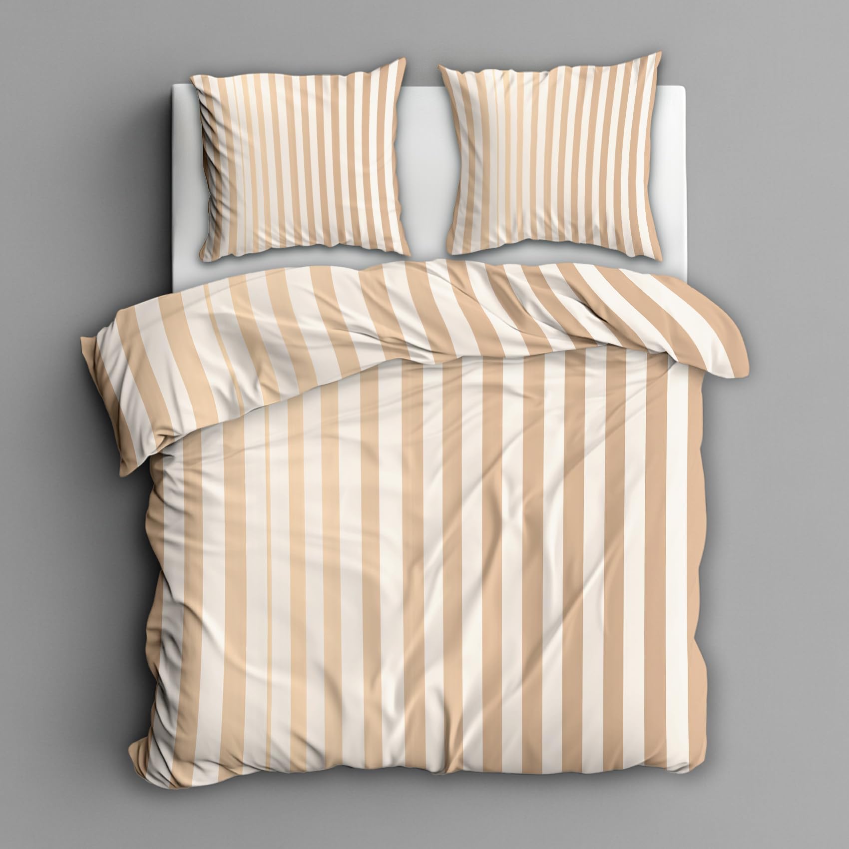 Générique Housse de Couette 220x240 Rayée Beige, Parure de Lit 2 Personnes Reversible Rayures Champêtre, Decoration Chambre, 2 Taies d'oreiller 65x65, Microfibre Doux, Zippée -k578