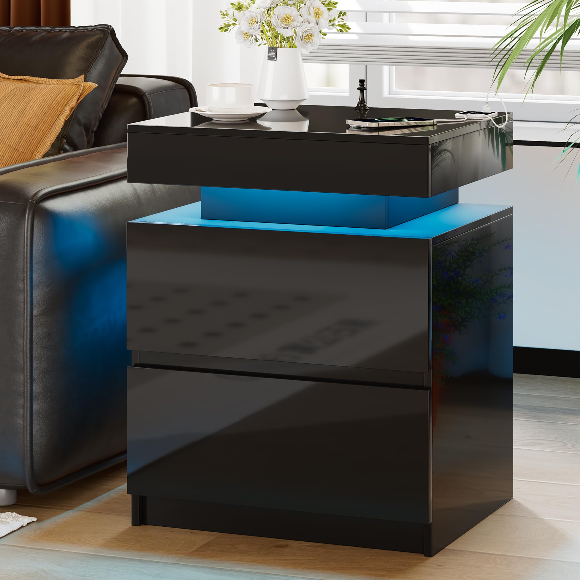 Vlsrka Table de Chevet, Couvercle Coulissant Tiroir, Capteurs Intelligents