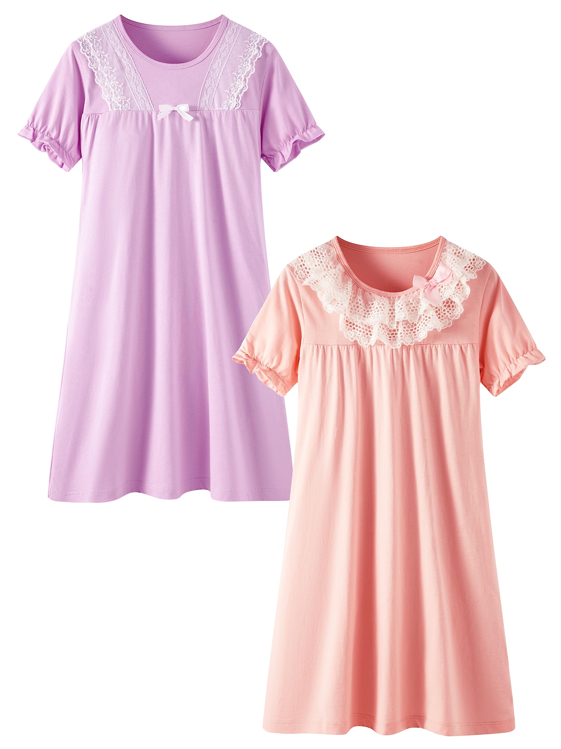 LOLPIP Mädchen Nachthemden 100% Baumwolle Vintage viktorianische Nachthemden 2-Pack Kurzarm Spitze Prinzessin Nachthemd Bowknot Nachtwäsche 5-12 Jahre