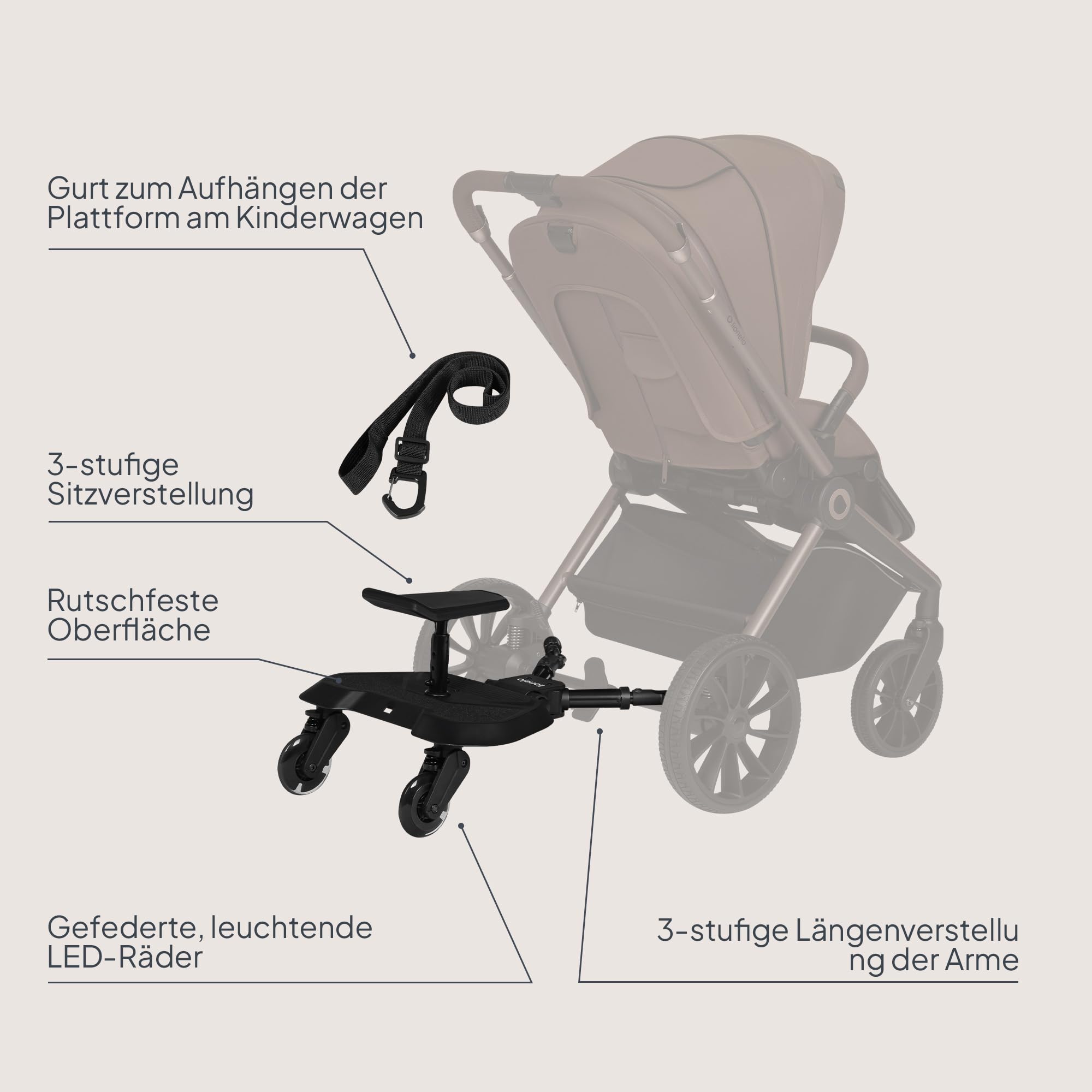 LIONELO Buggy Board 2-in-1 Mitfahrbrett für Kinderwagen mit abnehmbarem Sitz, universell passend, Stoßdämpfung, LED-Räder, bis 25 kg, für Kinder 2-5 Jahre
