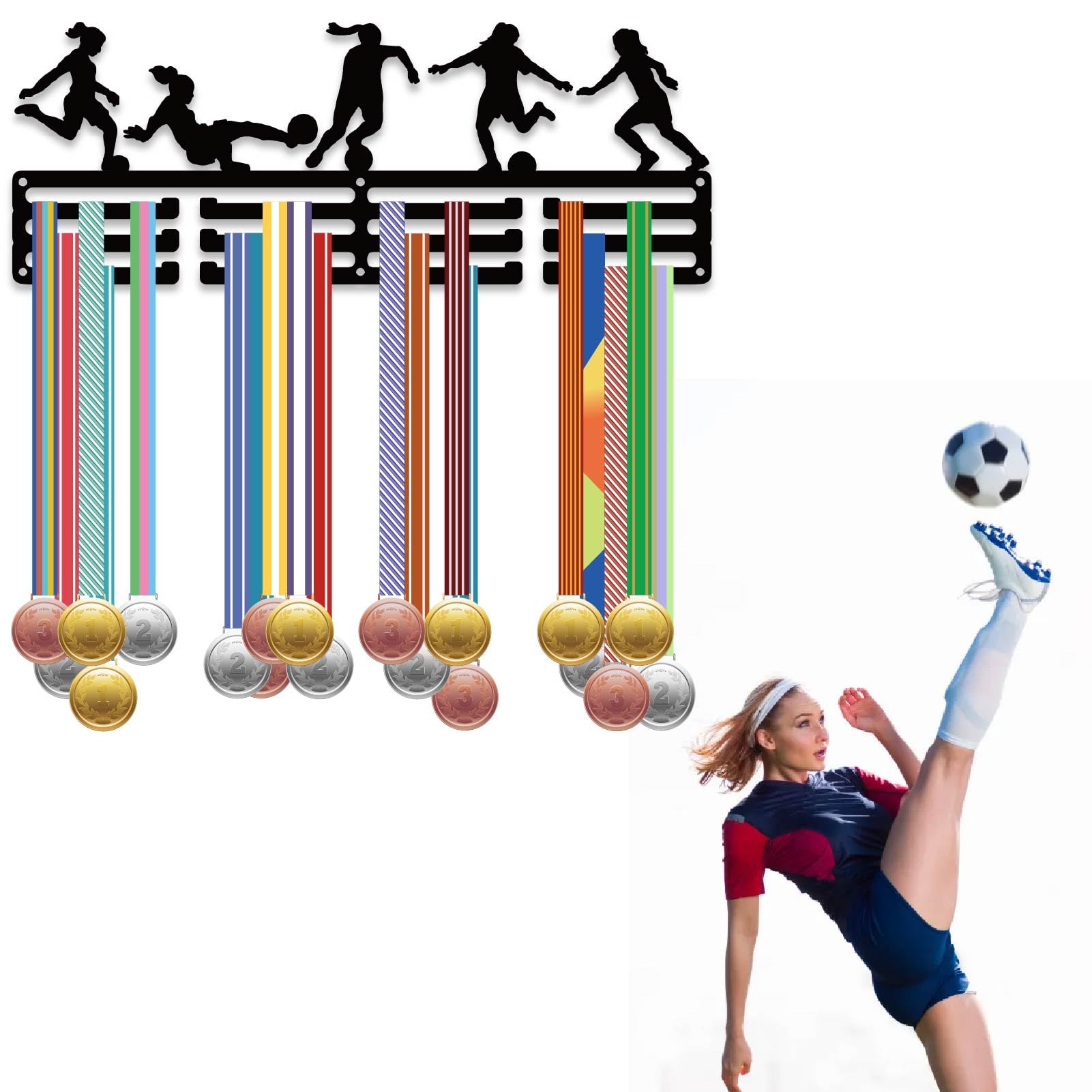 CREATCABIN Espositore per Medaglie da Calcio in Metallo da Parete per Calcio Femminile in Ferro Nero per Contenere 60+ premi Nastri Organizer con 12 Ganci per Atleti di Calcio 40x15cm