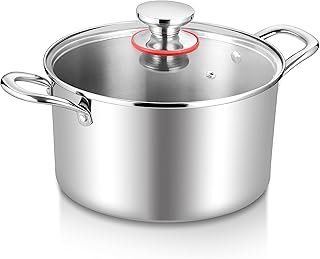 TeamFar 5 Quart Stock Pot, Stainless Steel Tri-Ply Cooking Pasta Soup Pot with See-Through Lid for Induction/Electric/Gas/...