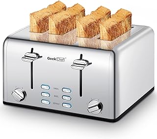 Toaster 4 Slice, Geek Chef Stainless Steel Toaster with Extra Wide Slots,4 Slot Toaster with Bagel/Defrost/Cancel Function, Dual Control Panel of 6 Toasting Bread Shade Settings, Removable Crumb Trays, High Lift Lever, ETL