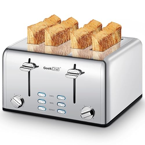 Toaster 4 Slice, Geek Chef Stainless Steel Toaster with Extra Wide Slots，4 Slot Toaster with Bagel/Defrost/Cancel Function, Dual Control Panel of 6 Toasting Bread Shade Settings, Removable Crumb Trays, High Lift Lever, ETL - 11.5*10.43*7.09