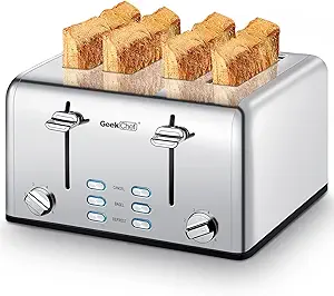 Toaster 4 Slice, Geek Chef Stainless Steel Toaster with Extra Wide Slots, 4 Slot Toaster with Bagel/Defrost/Cancel Function, Dual Control Panel of 6 Toasting Bread Shade Settings, Removable Crumb Trays, High Lift Lever, ETL