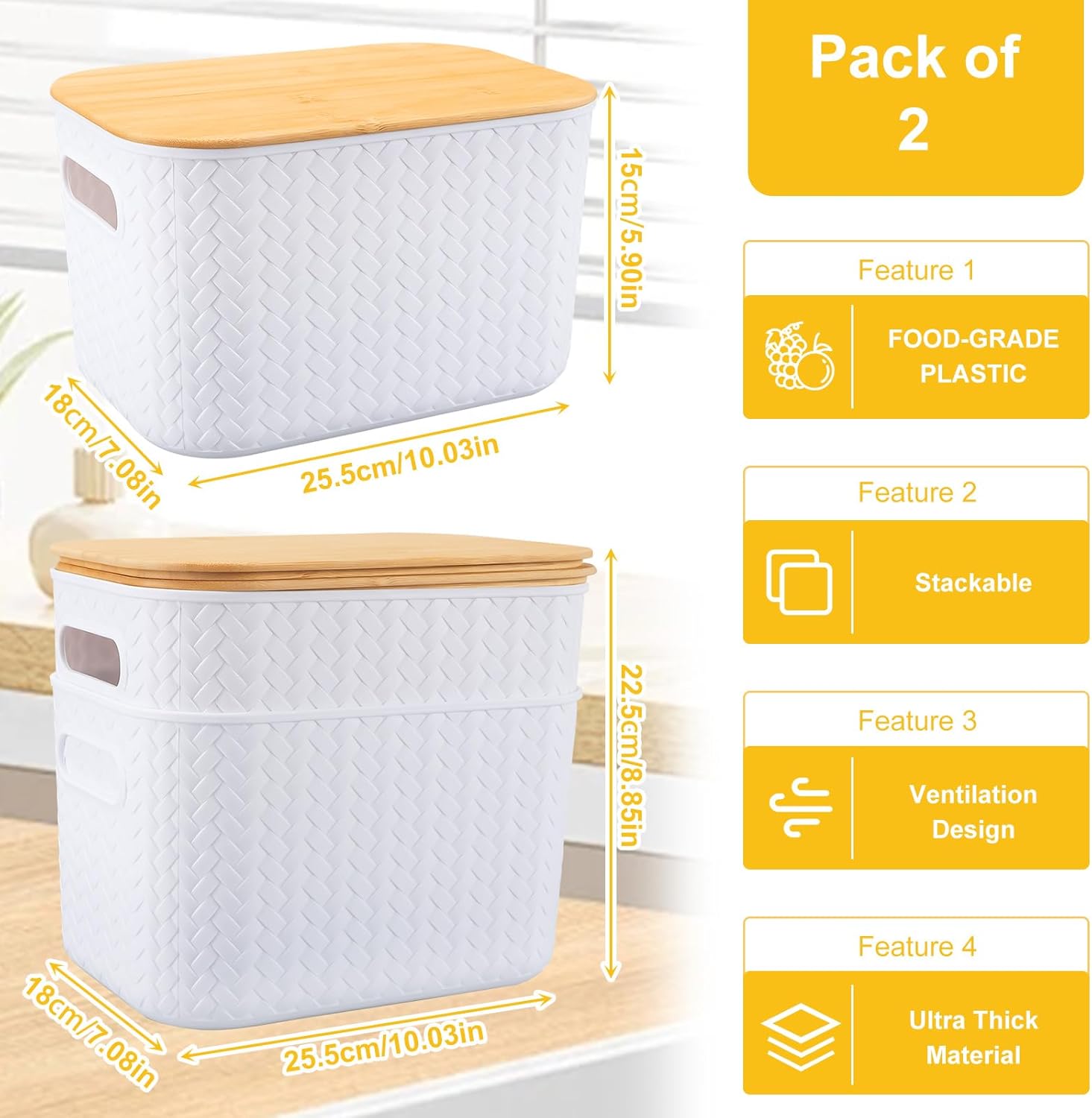 2 Pack Plastic Storage Bins with Bamboo Lids,Stackable Storage Containers with Lids,Storage Box Storage Baskets for Organizing Desktop,Lidded Storage Bins Container for Office,10.03 x 7.08 x 5.9 inch