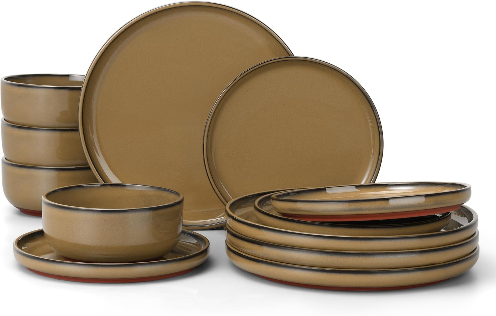 Camel Brown Dinner Set, 12 Piece Stoneware Dinnerware Service for 4, Reactive Glaze Plates and Bowls Set with Rustic Terracotta Base, Chip and Scratch Resistant, Microwave & Dishwasher Safe