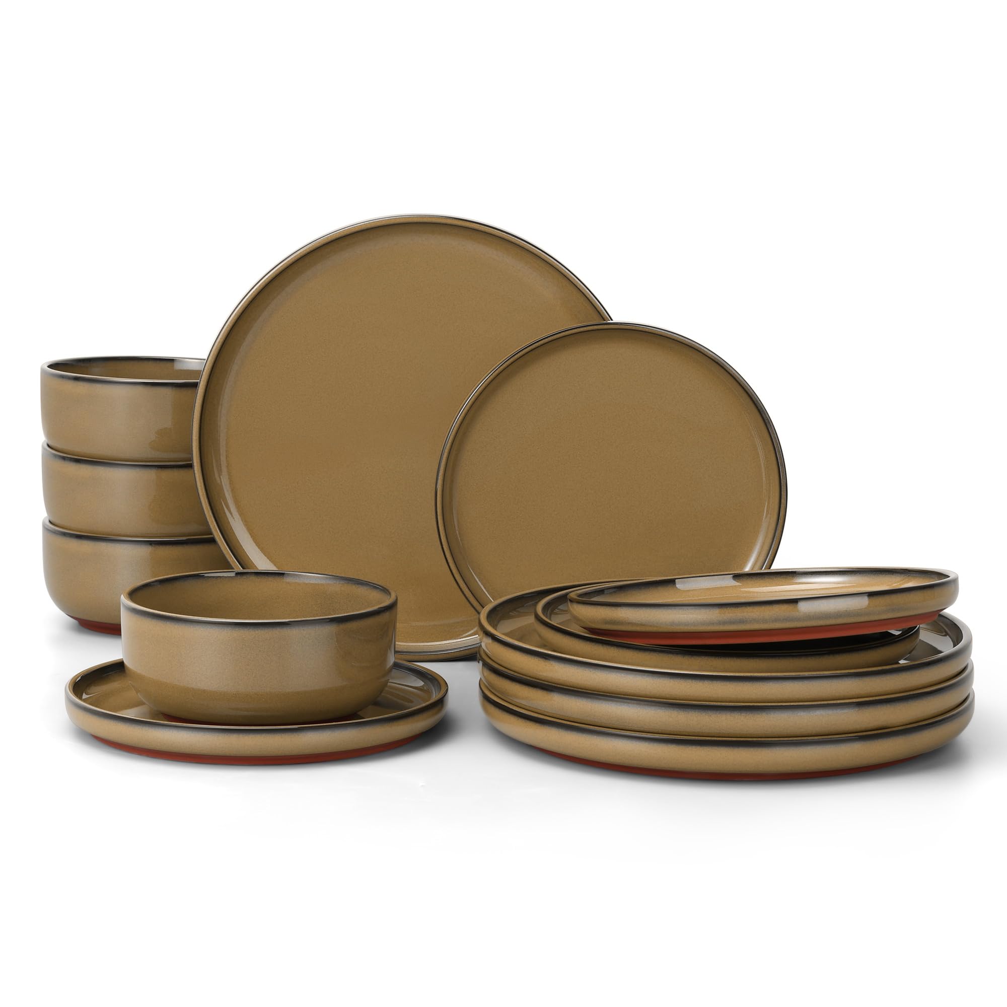 HaWare Camel Brown Dinner Set, 12 Piece Stoneware Dinnerware Service for 4, Reactive Glaze Plates and Bowls Set with Rustic Terracotta Base, Chip and Scratch Resistant, Microwave & Dishwasher Safe