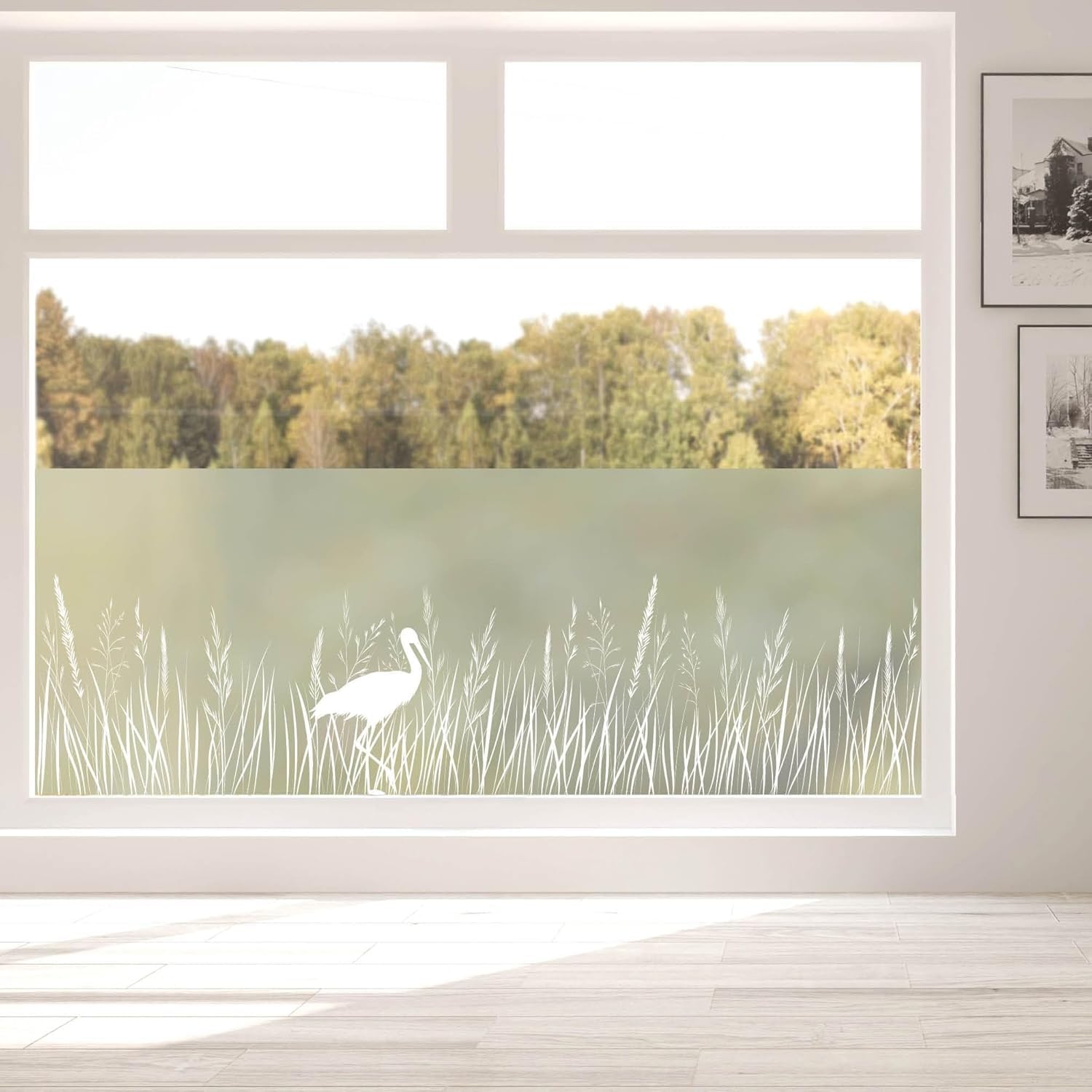 Sichtschutzfolie Storch und Gräser Wildblumen Florale Fensterfolie Fensterdeko Milchglasfolie Folie Fenster, 55 cm hoch, 200 cm breit