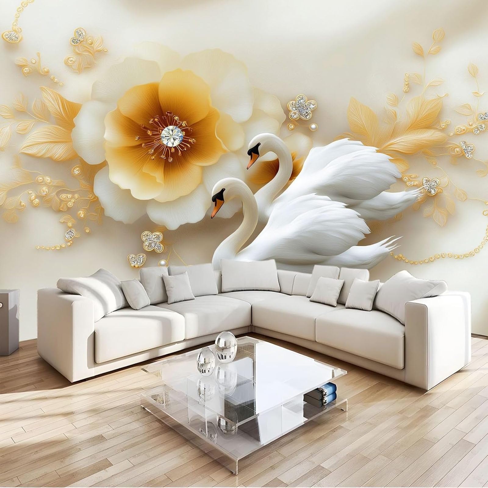 hgjdjhnf Photo Wallpaper Swan 3D Diamond Decoration Beige Wallpaper Living Room Bedroom Office Hallway Wall Decoration Teenager's Room Wall Decoration,250cmx175cm