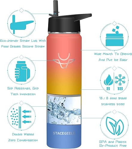 Miniatura 3 de STACEGEELE Botella de agua aislada al vacío con tapa de boquilla y rosca en la parte superior, termo de acero inoxidable para niños, a prueba de