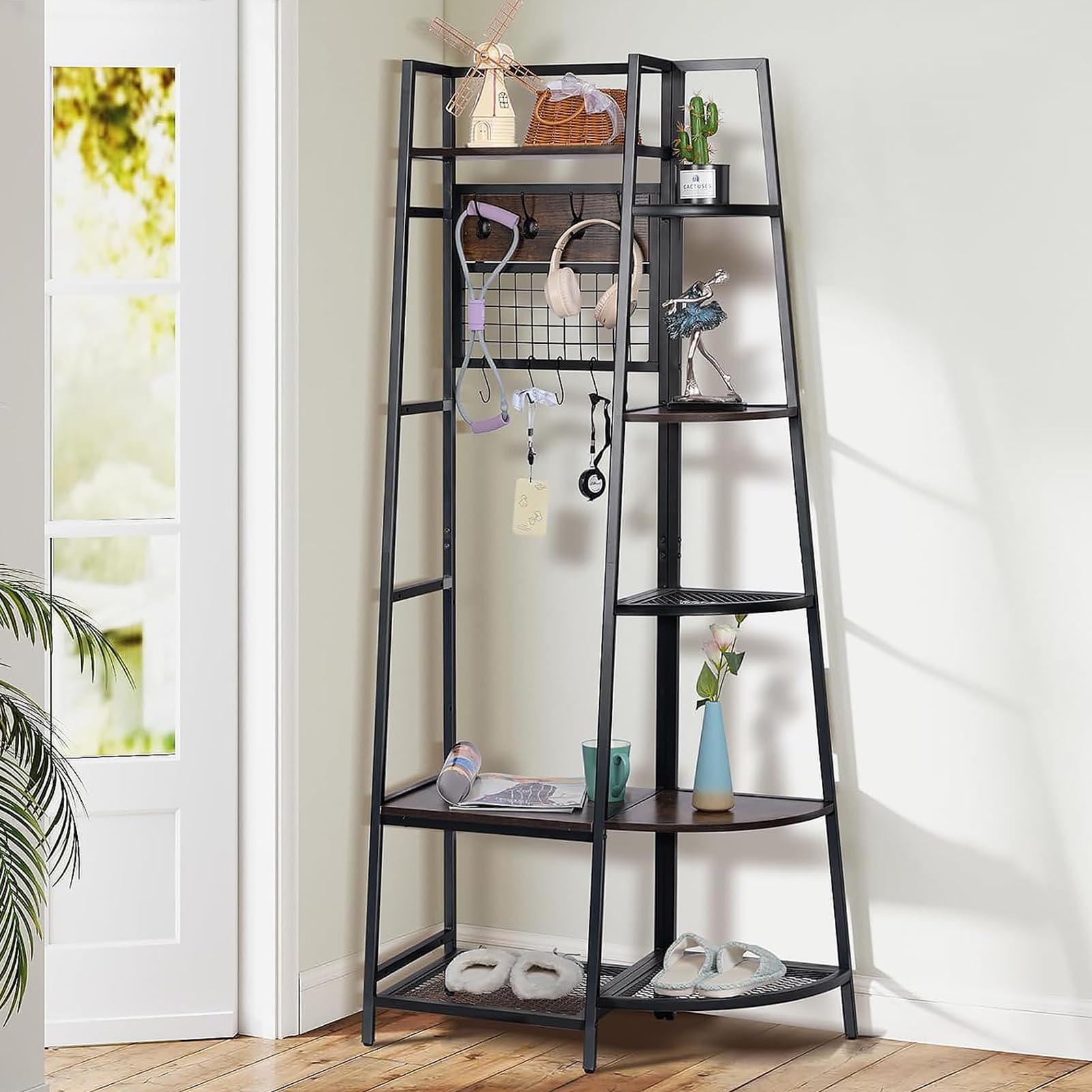 DOEWORKS Entryway Hall Tree with Storage Shelves, Freestanding Industrial Storage Rack Organizer Tower with Hooks, Rustic Brown